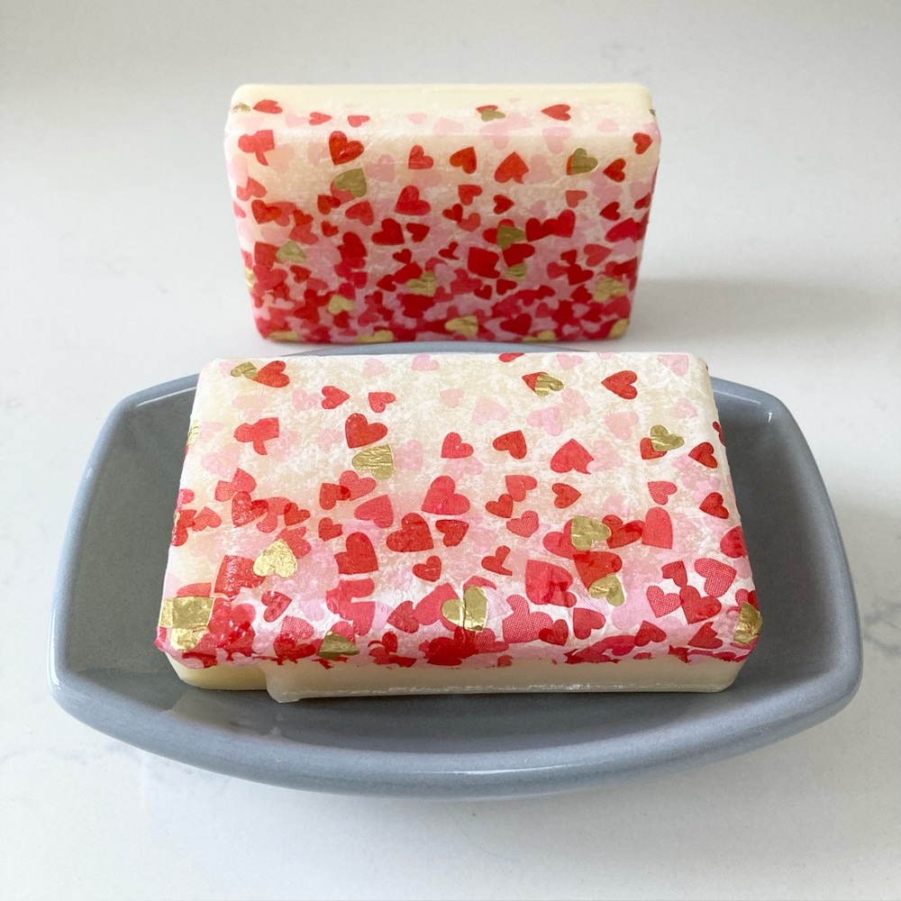 Castile Soap Peppermint & Almond Scented Bar Soap/Hearts, gray ceramic soap dish